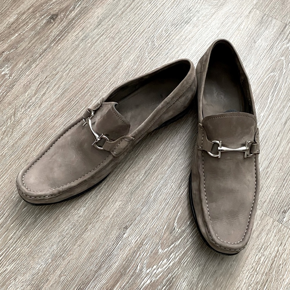 Men’s 11.5 D grey suede shoes by Salvatore Ferragamo. Made in Italy